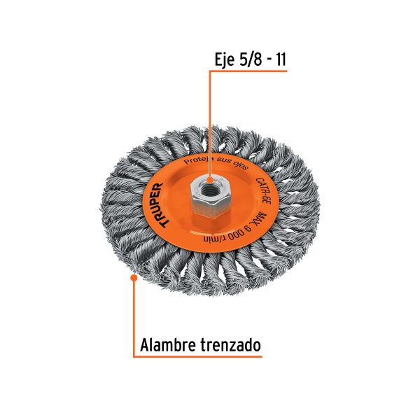 11597 - Carda circular 6' alambre trenzado, eje 5/8'-11, Truper