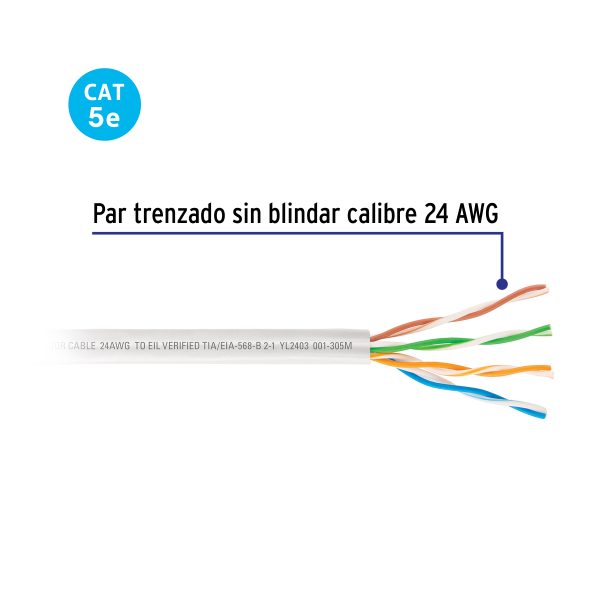 48389 - Metro de cable UTP CAT5E, Bobina de 100m, blanco, VOLTECK