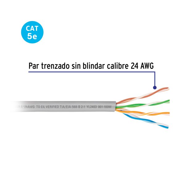 48387 - Metro de cable UTP CAT5E, Bobina de 100m, gris, VOLTECK