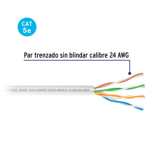 47383 - Metro de cable UTP CAT5E, Bobina de 305m, blanco, VOLTECK