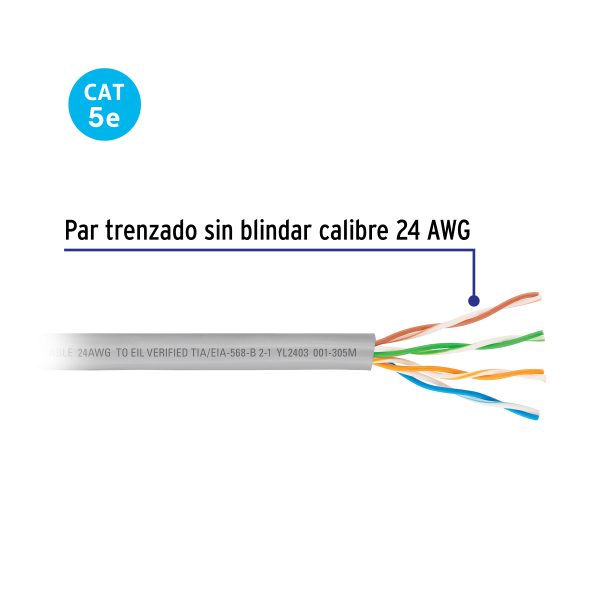 47382 - Metro de cable UTP CAT5E, Bobina de 305m, gris, VOLTECK