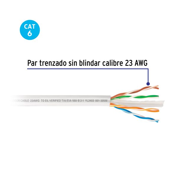 49434 - Metro de cable UTP CAT6, Bobina de 305m, blanco, VOLTECK