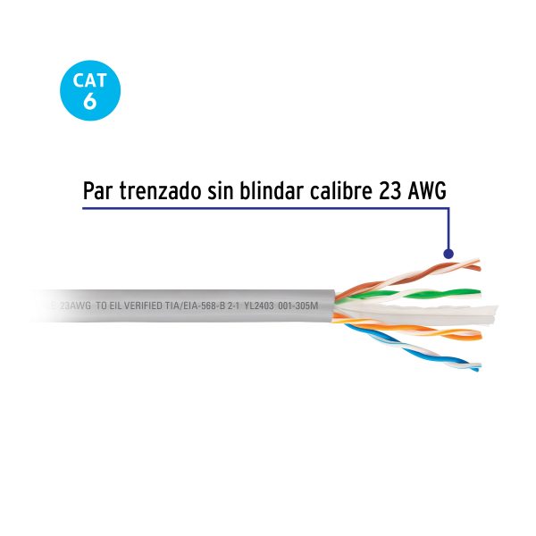 49409 - Metro de cable UTP CAT6, Bobina de 305m, gris, VOLTECK
