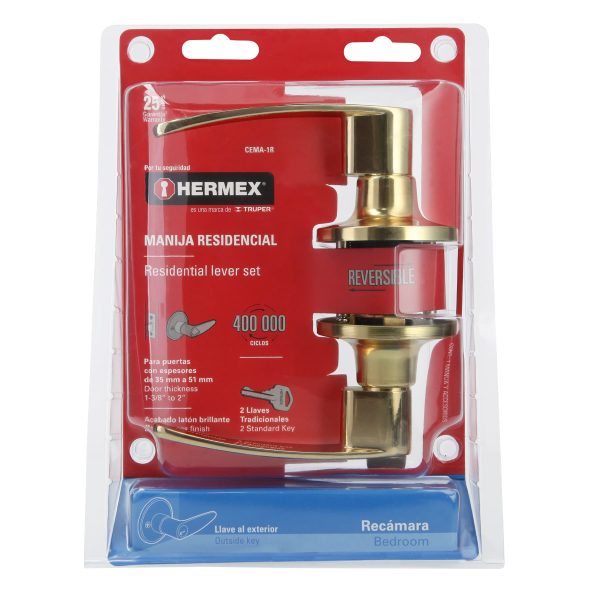 43659 - Cerradura manija 'Turín'p/recámara láton brillante,cil latón