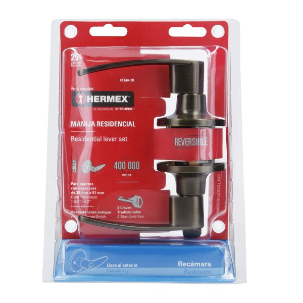 43661 - Cerradura manija 'Turín' p/recámara latón antiguo, cil latón