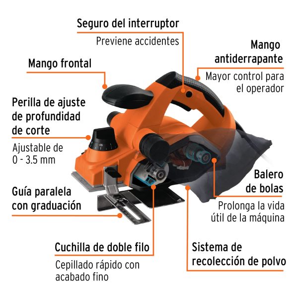 100502 - Cepillo eléctrico 3-1/4', 850W, TRUPER PRO