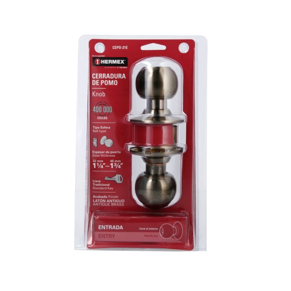 43469 - Cerradura tipo esfera para entrada, latón antiguo, HERMEX