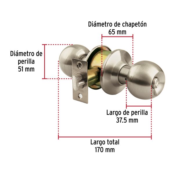44065 - Cerradura tipo esfera para baño, níquel satín, Hermex