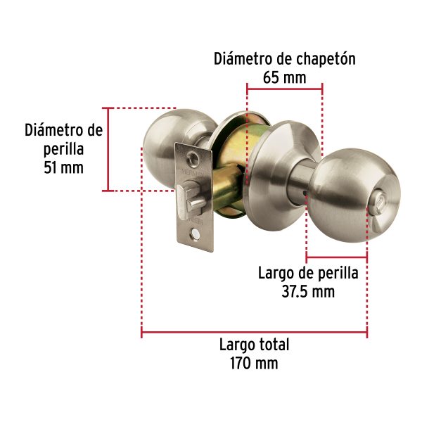 44059 - Cerradura tipo esfera para entrada, níquel satín, Hermex