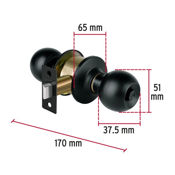 47911 - Cerradura pomo, negro, esfera, baño, HERMEX