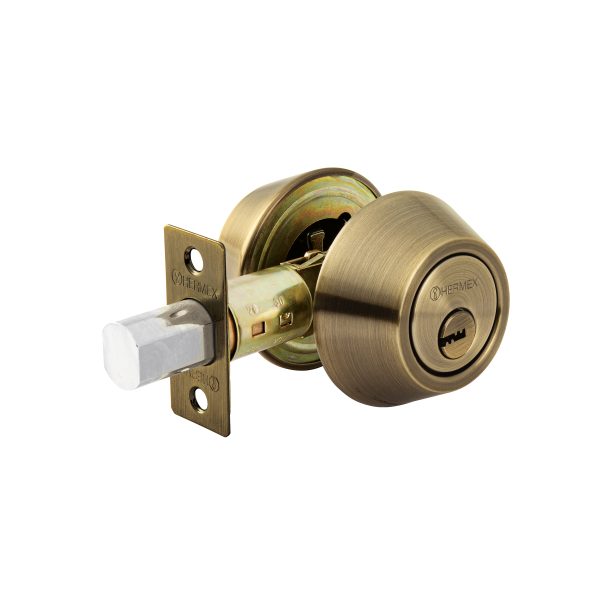 43597 - Cerrojo llave-llave latón antiguo, llave de puntos, HERMEX