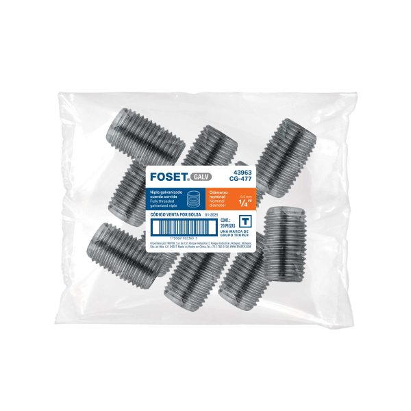 43963 - Niple de acero galvanizado 1/4' cuerda corrida, FOSET