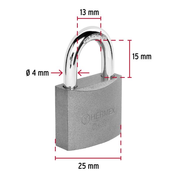 43795 - Candado de hierro 25 mm gancho corto en caja, HERMEX