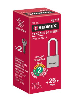 43797 - Candado de hierro 25 mm gancho largo en caja, HERMEX