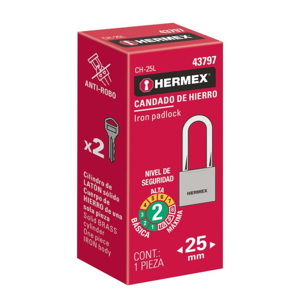 43797 - Candado de hierro 25 mm gancho largo en caja, HERMEX