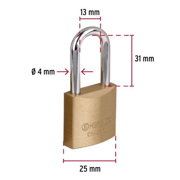 27069 - Candado de hierro color latón 25 mm, largo, caja, BASIC