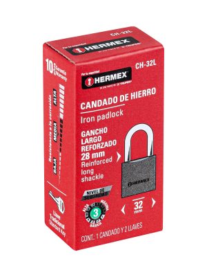 CH-32LE1.jpg 43793 - Candado de hierro 32 mm gancho largo en caja, HERMEX