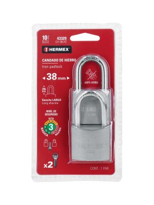 43329 - Blíster con 2 candados de hierro de 38mm con gancho largo