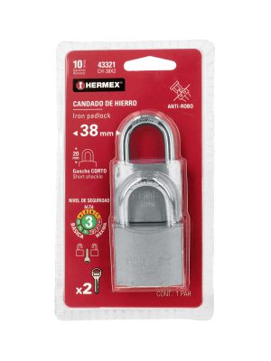 43321 - Blíster con 2 candados de hierro de 38mm con gancho corto