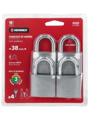 43333 - Blíster con 4 candados de hierro de 38mm con gancho corto