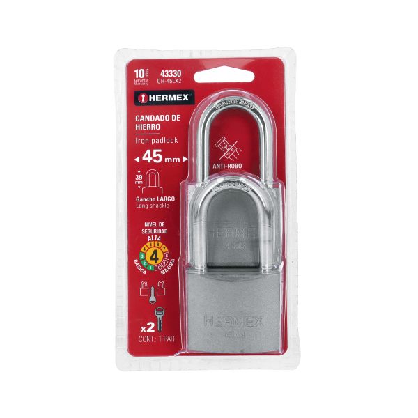 43330 - Blíster con 2 candados de hierro de 45mm con gancho largo