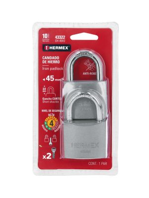 43322 - Blíster con 2 candados de hierro de 45mm con gancho corto