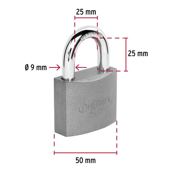 43317 - Candado de hierro 50 mm gancho corto en caja, HERMEX