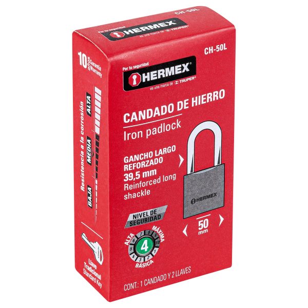43325 - Candado de hierro 50 mm gancho largo en caja, HERMEX