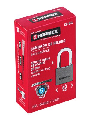 43802 - Candado de hierro 63 mm gancho largo en caja, HERMEX