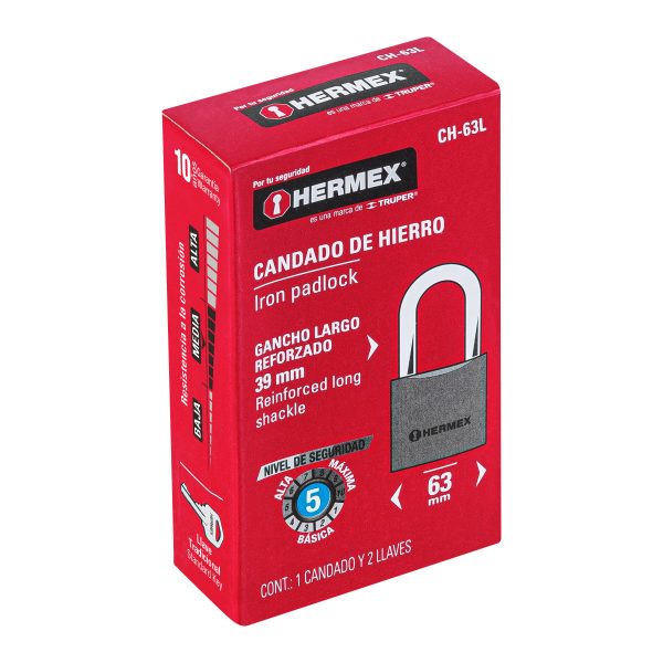 43802 - Candado de hierro 63 mm gancho largo en caja, HERMEX