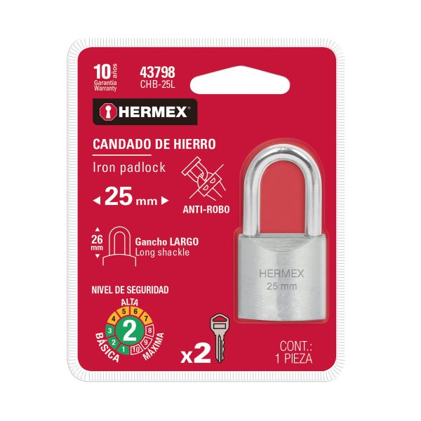 43798 - Candado de hierro 25 mm gancho largo en blíster, HERMEX