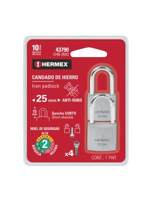 CHB-25X2.jpg 43790 - Blíster con 2 candados de hierro de 25mm con gancho corto