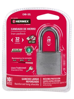 CHB-32LE1.jpg 43794 - Candado de hierro 32 mm gancho largo en blíster, HERMEX