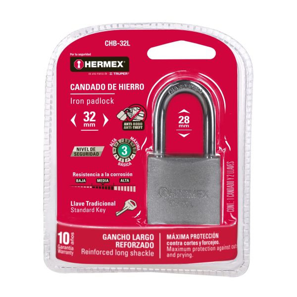43794 - Candado de hierro 32 mm gancho largo en blíster, HERMEX