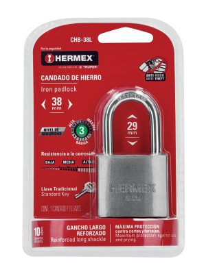 CHB-38LE1.jpg 43326 - Candado de hierro 38 mm gancho largo en blíster, HERMEX