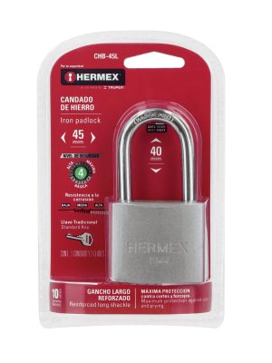 CHB-45LE1.jpg 43327 - Candado de hierro 45 mm gancho largo en blíster, HERMEX