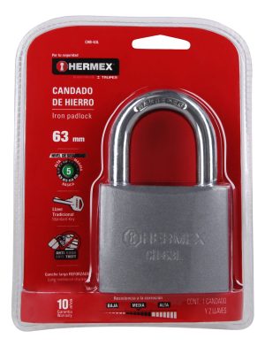 43804 - Candado de hierro 63 mm gancho largo en blíster, HERMEX