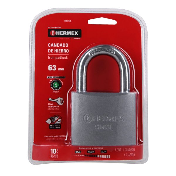 43804 - Candado de hierro 63 mm gancho largo en blíster, HERMEX