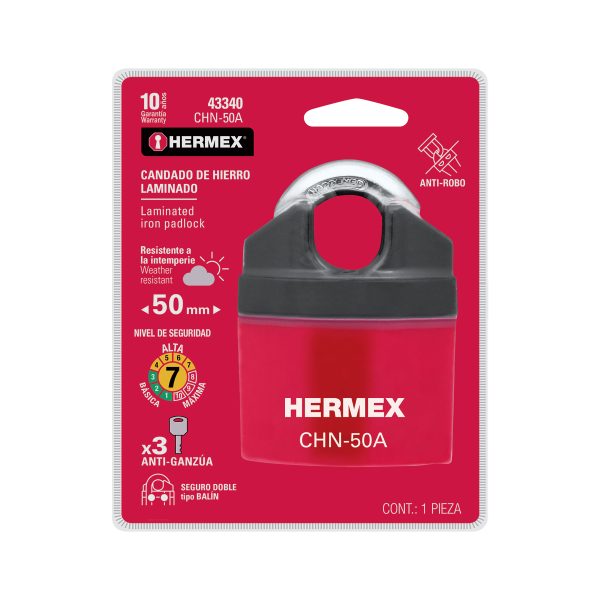 43340 - Candado de hierro 50 mm gancho protegido, llave anti-ganzúa