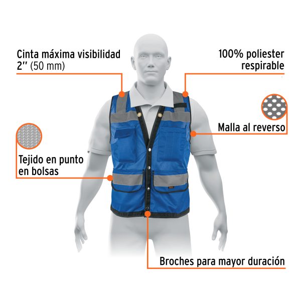 103987 - Chaleco seguridad reforzado azul con bolsas, L, Expert