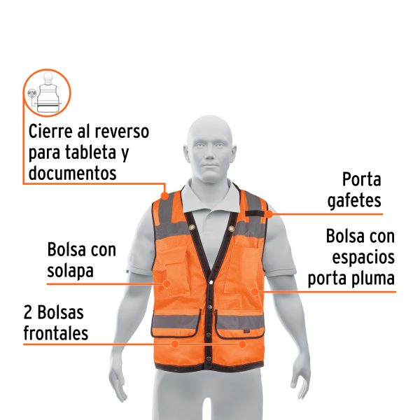 CHS-800N-LFC2.jpg 13480 - Chaleco seguridad reforzado naranja con bolsas, G, Expert