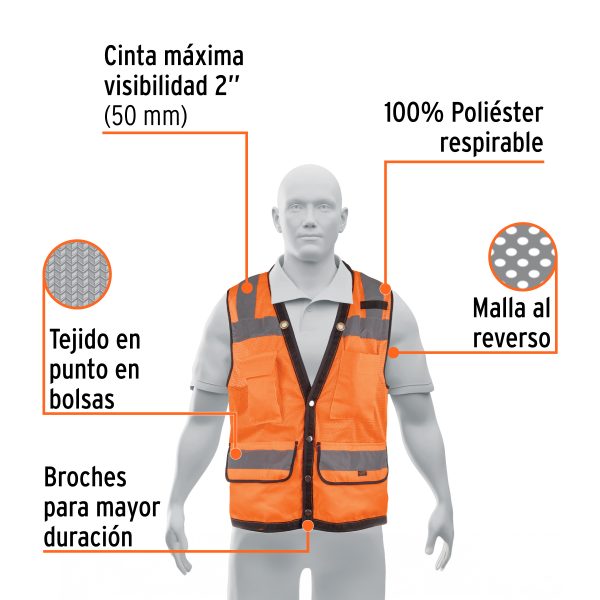 13479 - Chaleco seguridad reforzado naranja con bolsas, M, Expert