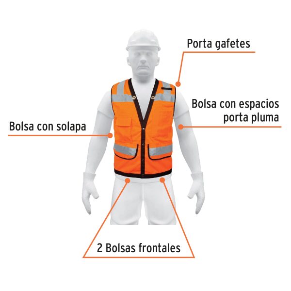 13481 - Chaleco seguridad reforzado naranja con bolsas, XG, Expert
