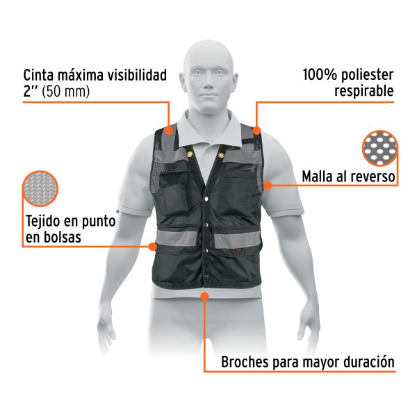 103989 - Chaleco seguridad reforzado negro con bolsas, M, Expert