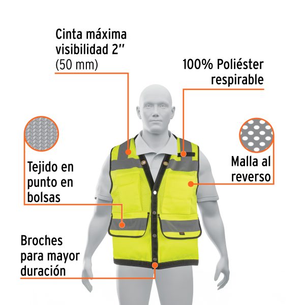 13482 - Chaleco seguridad reforzado verde con bolsas, M, Expert