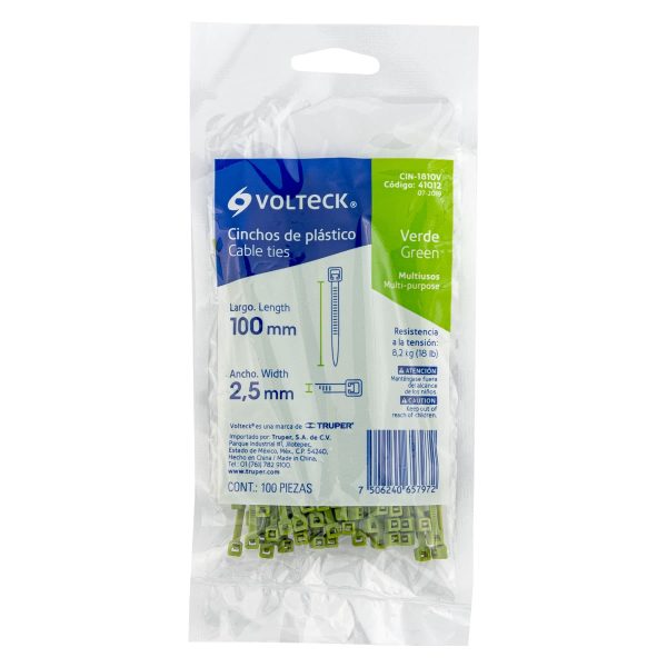 CIN-1810VE1.jpg 41012 - Bolsa con 100 cinchos plásticos 18 lb, 100 x 2.5 mm, verdes