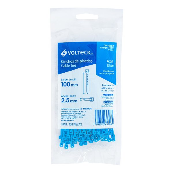 CIN-1810ZE1.jpg 41011 - Bolsa con 100 cinchos plásticos 18 lb, 100 x 2.5 mm, azules