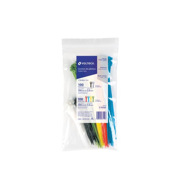 44019 - Bolsa con 200 cinchos plásticos en colores surtidos, Volteck