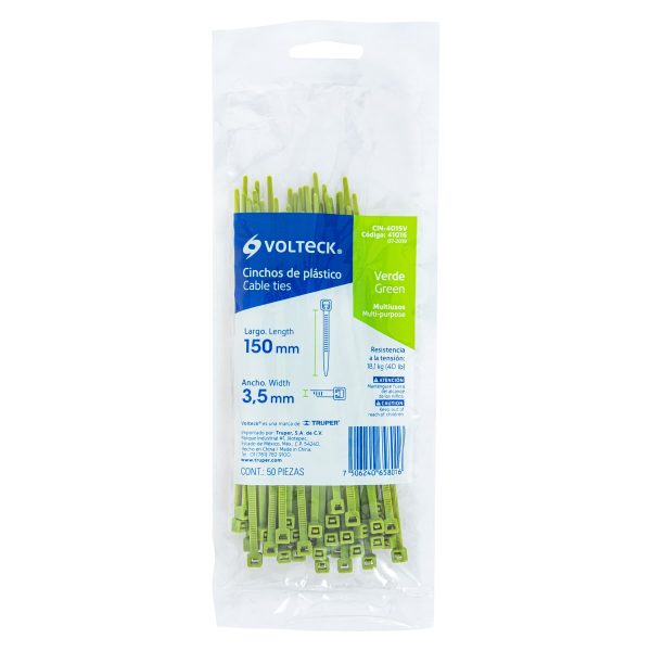 41016 - Bolsa con 50 cinchos plásticos 40 lb, 150 x 3.5 mm, verdes