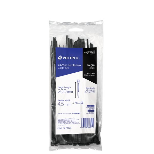 44326 - Bolsa con 50 cinchos plásticos 50 lb, 200x4.5 mm, negros